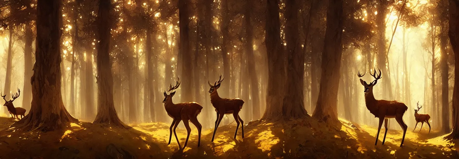 Image similar to Deer in Sherwood Forest, full frame, highly detailed, digital painting, artstation, concept art, smooth, sharp focus, illustration, art greg rutkowski and alphonse mucha