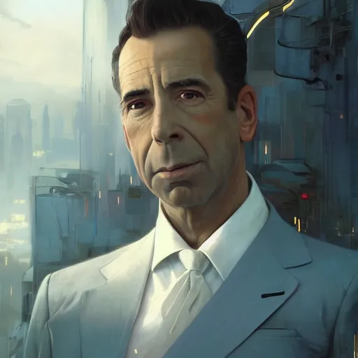 Image similar to beautiful delicate imaginative streamlined futuristic close up portrait of humphrey bogart sitting with elegant deadly looks, mechanical body on gold linings, smooth white and soft by ruan jia, tom bagshaw, alphonse mucha, krenz cushart, beautiful cyberpunk buildings in the background, epic sky, vray render, artstation, deviantart, pinterest, 5 0 0 px models