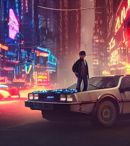 Image similar to marty mcfly standing besides a steampunk delorean in a cyberpunk city, neon signs, futuristic, realistic, 8 k, extremely detailed, cgi, trending on artstation, hyper - realistic render, 4 k hd wallpaper, premium prints available, by greg rutkowski, esuthio, craig mullins, dystopian scifi gear, gloomy