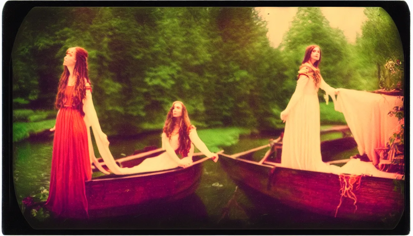 Image similar to colorful instant photograph of the lady of shalott, polaroid, light leak, raw, nostalgic