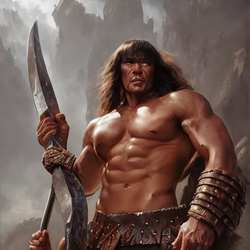 Prompt: Conan the Barbarian, 4k oil on linen by wlop, artgerm, andrei riabovitchev, nuri iyem, james gurney, james jean, greg rutkowski, highly detailed, soft lighting 8k resolution