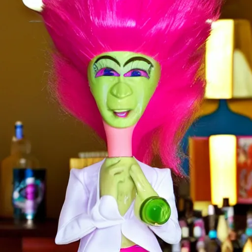 Prompt: 90s troll doll toy, surrounded by lots of money, and drinking a martini with high heels, and bright hair.