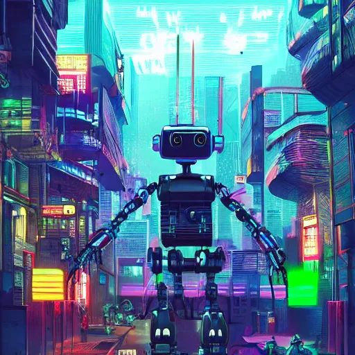 Prompt: a robot uprising rebellion in a cyberpunk city, futuristic, neon, intricate details