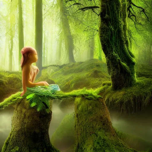 Image similar to forest child and fairy, light, river, magical forest, fog, moss