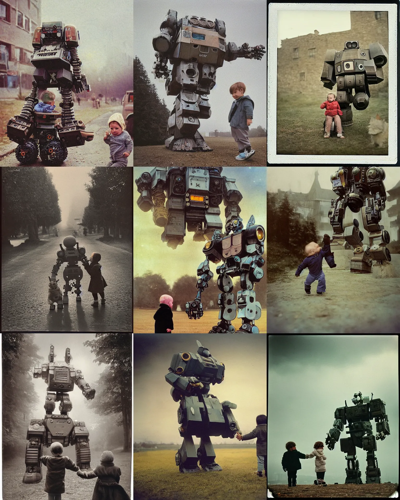 Prompt: giant oversized chubby battle robot mech with giant rabbit ears holding hands with small child cyborg on the village , Cinematic focus, telephoto lens, polaroid photo, vintage, neutral colors, soft lights, foggy ,by Steve Hanks, by Serov Valentin, by lisa yuskavage, by Andrei Tarkovsky