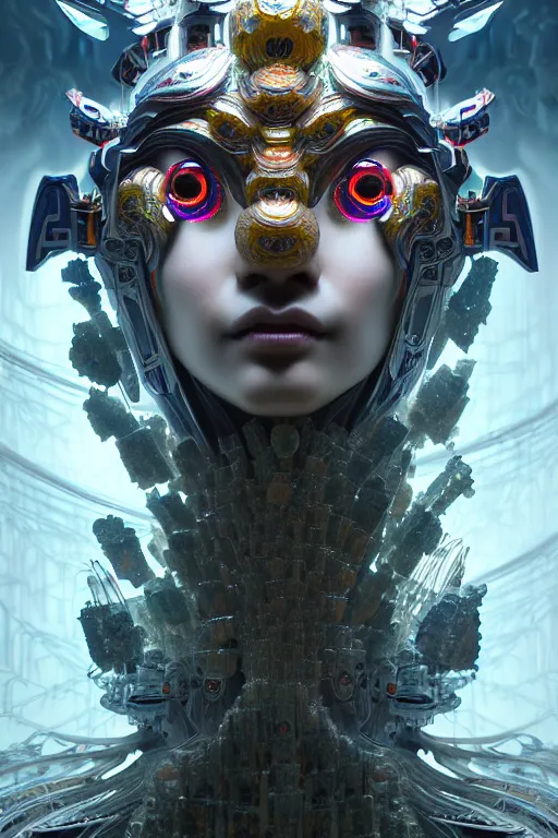 Image similar to asura from chinese myth, ghost, gorgeous and huge head ornaments, dystopian, cyberpunk, organic fractal mycelum and fungi, mecha, halfturn portrait of a big crystal face made of crystals half - turn, ominous, intricate, studio, art by anthony macbain + greg rutkowski + alphonse mucha, concept art, 4 k, sharp focus