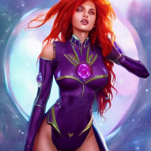 Image similar to ultra realistic illustration, bella thorne as starfire anime, intricate, elegant, highly detailed, digital painting, artstation, concept art, smooth, sharp focus, illustration, art by artgerm and greg rutkowski and alphonse mucha and wlop