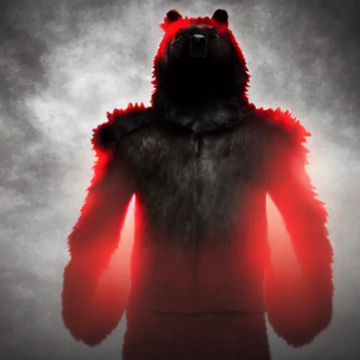 Prompt: berserker bear, wearing hood and torn cape, red glowing eyes, wearing magic orb in neck, dark background, cinematic lightning, hyper realism, centered, white and black clothing, black hair, exquisite detail, 4k - n 9