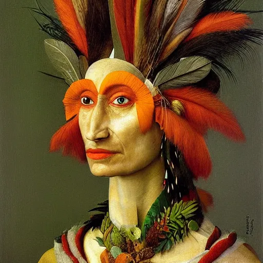 Image similar to portrait photo of a woman with Iroquois made from plant parts, Perfect face, extremely high details, realistic, by Giuseppe Arcimboldo, Edward Hopper, Rene Margitte