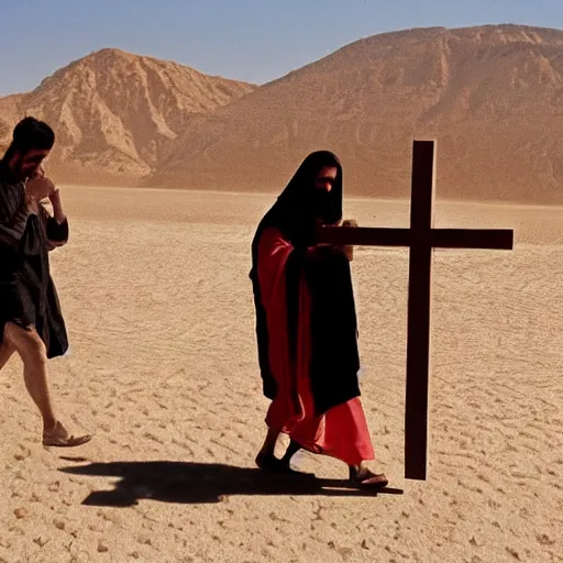 Image similar to paparazzi following around jesus christ while he is carrying a cross in the desert, 8 k photography,