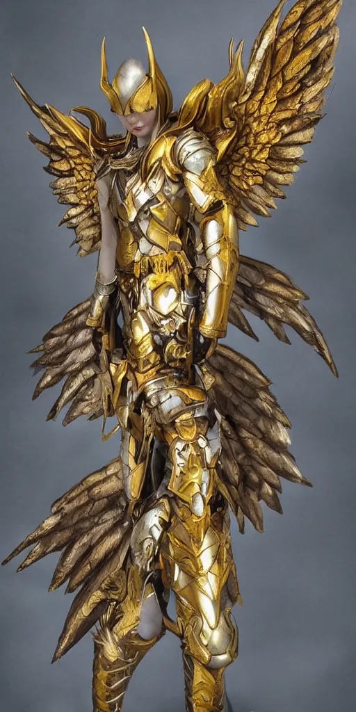 Prompt: fantasy angel warrior in armor with bright gold wings, epic flying pose, full length portrait, art, paint, fine details