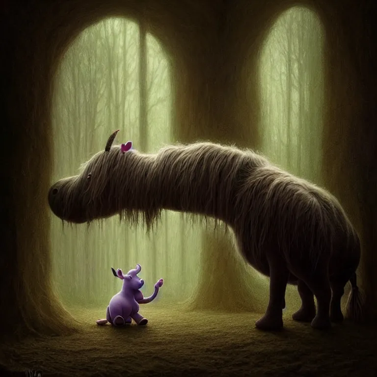 Image similar to epic professional digital art of hungry eeyore, ambient lighting, painted, intricate, detailed, foreboding, by leesha hannigan, wayne haag, reyna rochin, ignacio fernandez rios, mark ryden, iris van herpen,, epic, stunning, gorgeous, much wow, cinematic, masterpiece.