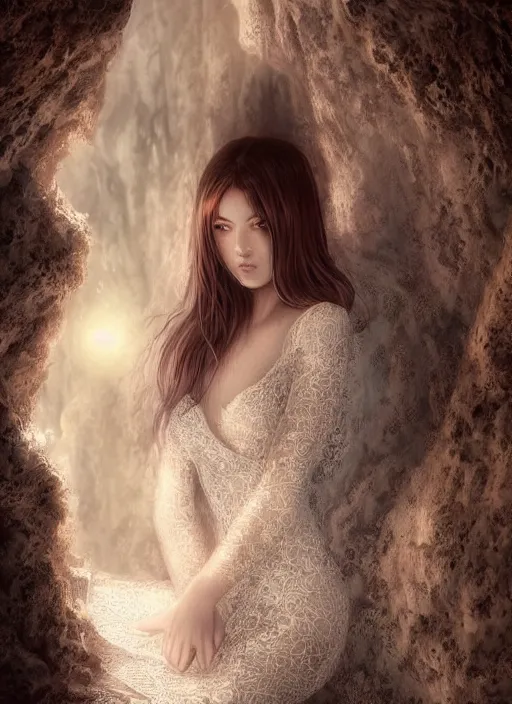 Image similar to beautiful woman in a lace dress in a cave, detailed dress and face, digital art, manga style, by artgerm, by wlop, octane render, beautiful lighting