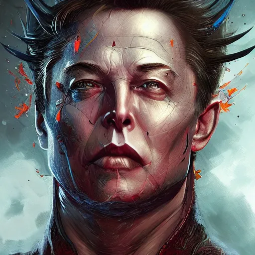 Image similar to elon musk as diablo iii character, digital illustration portrait design, by android jones and greg rutkowski, retrowave color scheme, detailed, cinematic lighting, wide angle action dynamic portrait