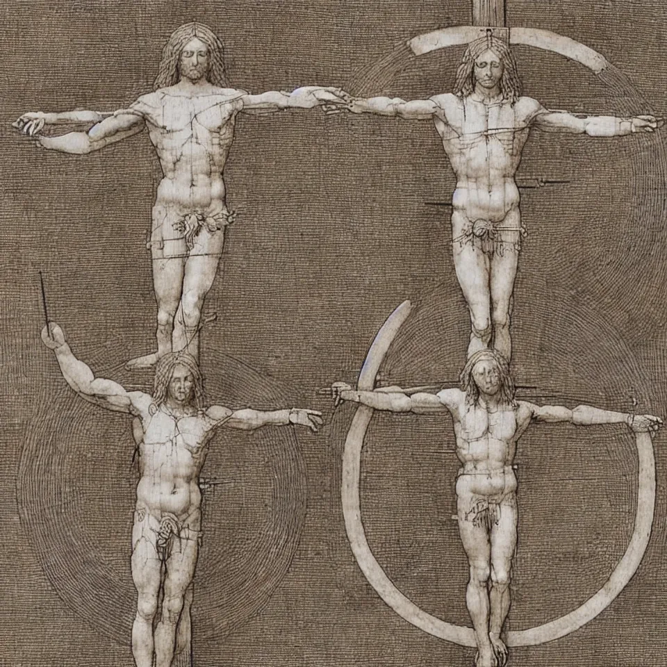 Image similar to Leonardo da Vinci's Vitruvian Man crucified on a cross, full body