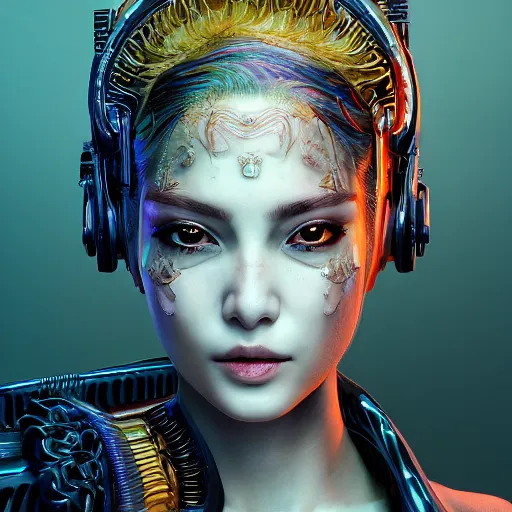Prompt: the portrait of an absurdly beautiful, graceful, elegant, sophisticated, fashionable cyberpunk gravure idol, an ultrafine hyperdetailed illustration by kim jung gi, irakli nadar, hanna moon, intricate linework, bright colors, collage, porcelain skin, unreal engine 5 highly rendered, global illumination, radiant light, detailed and intricate environment