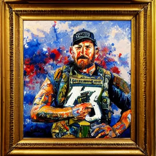 Prompt: chris kyle by leroy neiman, intricate, ultra detailed painting, atmospheric lighting, golden hour