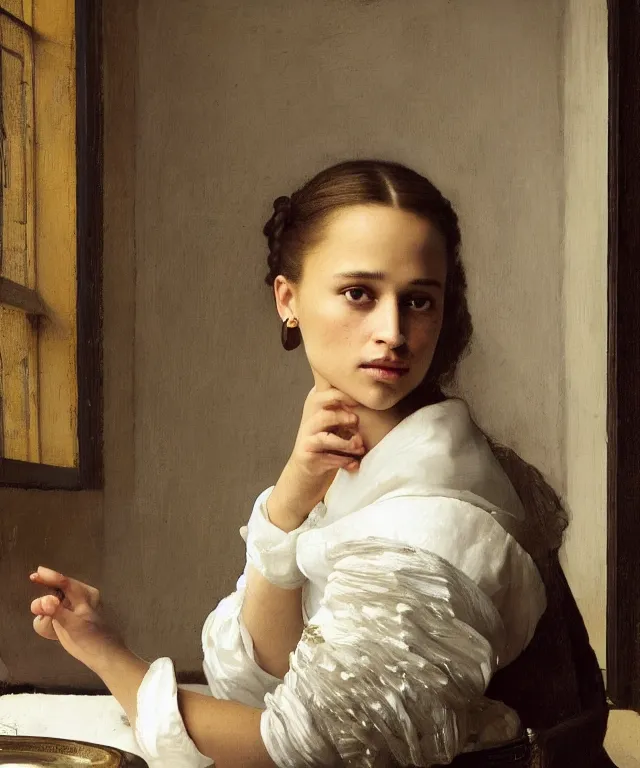 Prompt: a highly detailed, beautifully lit portrait of a pretty, young alicia vikander sitting at a table by an open window, oil painting portrait by vermeer and bouguereau and waterhouse