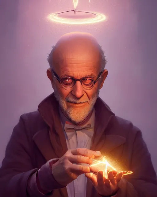 Prompt: highly detailed vfx portrait of an old and tired beppe hrillo casting a light spell, unreal engine, greg rutkowski, loish, rhads, beeple, makoto shinkai and lois van baarle, ilya kuvshinov, rossdraws, tom bagshaw, alphonse mucha, global illumination, detailed and intricate environment