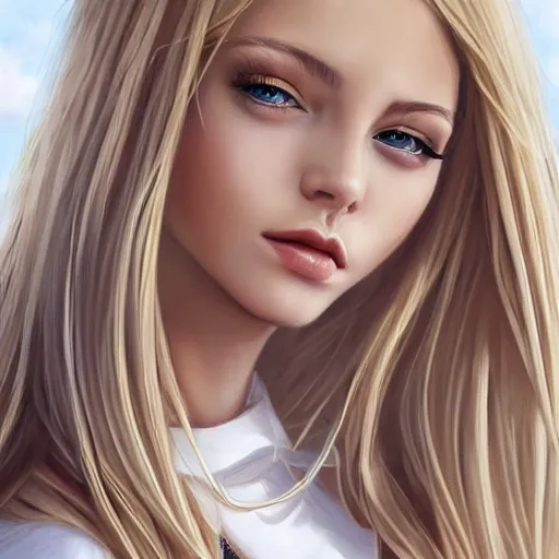 Image similar to blonde haired woman wearing white clothing, beautiful, 8k, highly detailed, realistic, artgerm, sakimichan, detailed face, portrait,