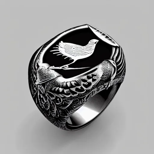 Image similar to silver ring with an engraved bird with a black gem on it's back it, highly detailed, digital painting, trending on artstation, concept art, sharp focus, illustration, art by artgerm and greg rutkowski and magali villeneuve