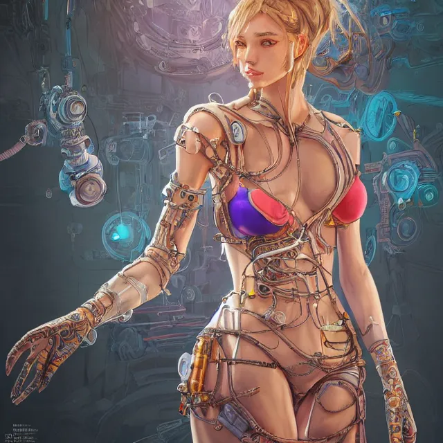 Prompt: the portrait of true neutral semi - colorful female cyborg mechanist as absurdly beautiful, gorgeous, elegant, young swimsuit model, an ultrafine hyperdetailed illustration by kim jung gi, irakli nadar, intricate linework, bright colors, octopath traveler, final fantasy, unreal engine 5 highly rendered, global illumination, radiant light, detailed and intricate environment