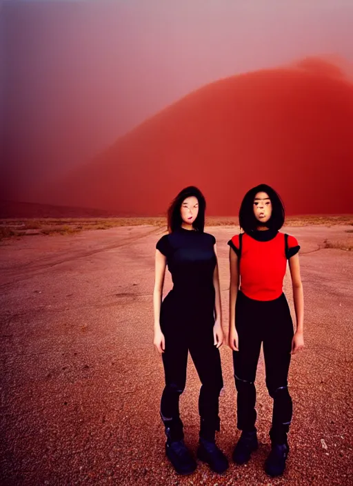 Image similar to photographic portrait shot on cinestill 5 0 d of two loving clones in front of a brutalist dark metal facility, techwear women on a desolate plain with a red sky, diverse, dust storm, 3 5 mm, 8 k, depth of field, high resolution, ultra realistic faces