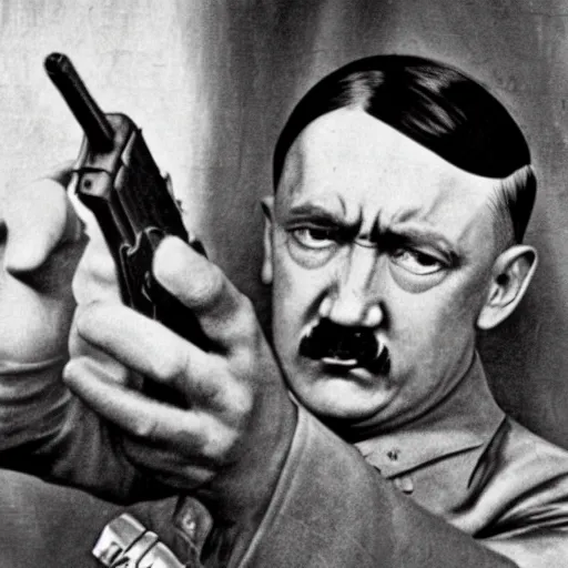 Image similar to photo of adolf hitler pointing a gun to his head while crying in the style of martin schoeller