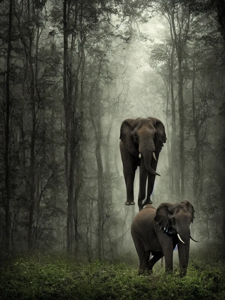 Prompt: creepy elephant in the middle of the forest, eerie, mysterious, spooky