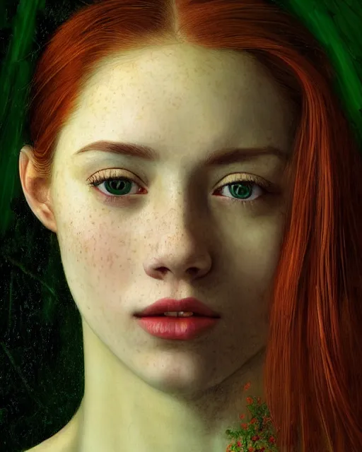 Image similar to a modern looking young woman, among the lights of golden fireflies and nature, long loose red hair, intricate details, green eyes, small nose with freckles, beatiful smiling face, golden ratio, high contrast, hyper realistic digital art by artemisia lomi gentileschi and caravaggio and artgerm.