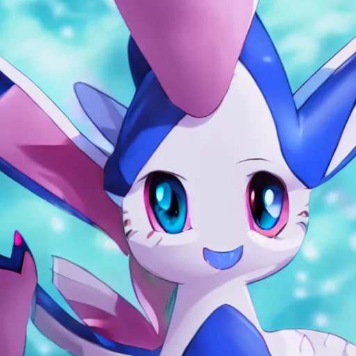 Prompt: aesthetic portrait of a shiny blue sylveon, anime style, super cute, character design, artstation, 4 k, ultra detailed digital art