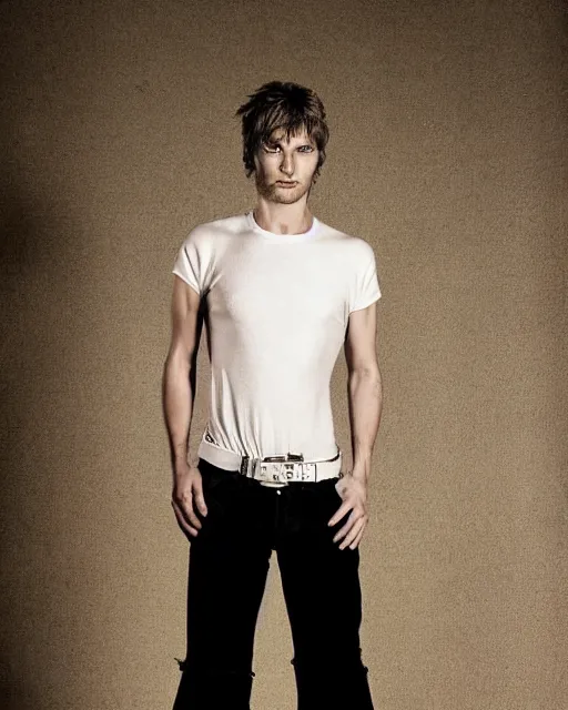 Prompt: an award - winning photo of an ancient male model wearing a plain boot cut flared distressed medieval designer mensweartrousers designed by alexander mcqueen, 4 k, studio lighting, wide angle lens, 2 0 0 4