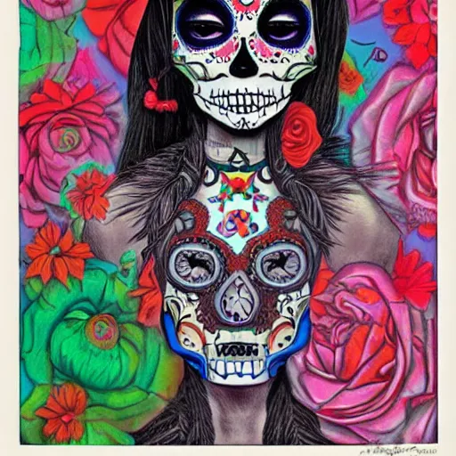 Prompt: realistic detailed poster art of a cute Día de los Muertos girl by Victor Moscoso