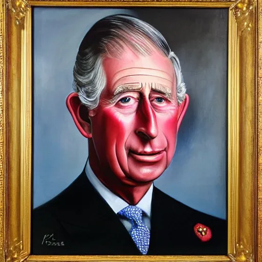 Image similar to an oil painting of prince charles with sausage fingers