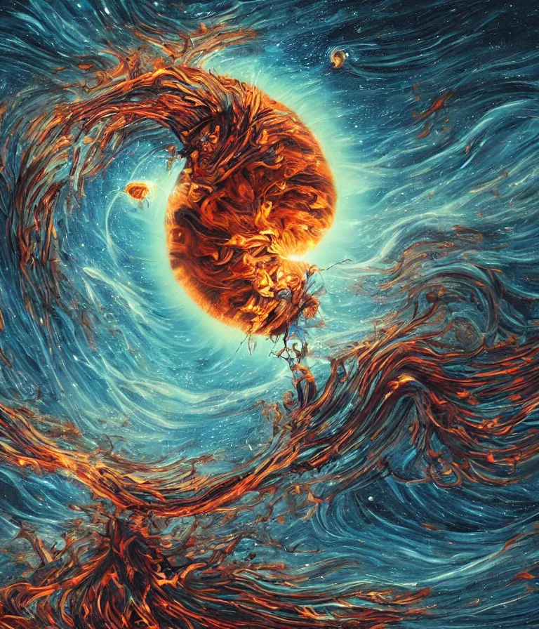 Prompt: impressive ominous cinematic fantastic realism comic book style painting of a spiraling exploding sun launching flowers across the starry night sky, strange bouquets, lighting impressive masterpiece hyper ultra detailed intricate sharp focus 8 k realistic illustration canon eos r 3 fujifilm x - t 3 0 sony alpha, artgerm colorful!!!, trending on artstation behance cgsociety, octane render nvidia raytracing demo