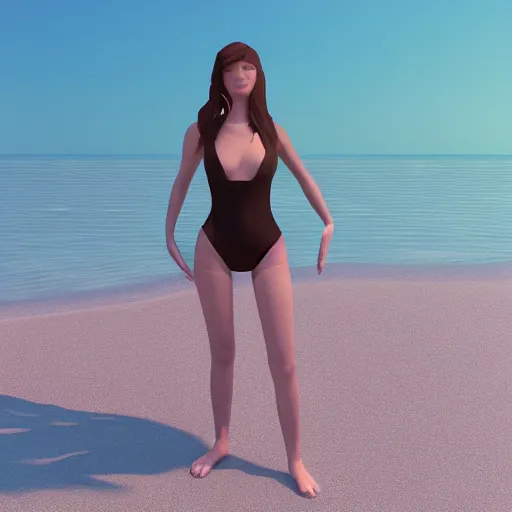 Image similar to 3D Low poly girl in swimsuit on beach. Octane Render, 8k.