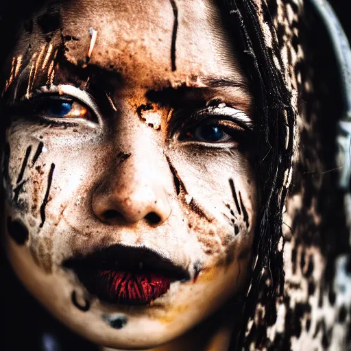 Image similar to photographic portrait of a distressed streetwear woman holding back tears, a futuristic shanty town burns in the background, closeup, sigma 85mm f/1.4, 4k, depth of field, high resolution, 4k, 8k, hd, full color