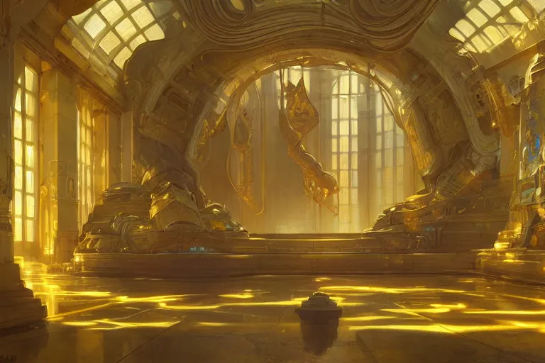 Image similar to a background matte painting for a high tech science fiction religious room with chambers of bubbling liquid gold intricate digital painting artstation concept art smooth sharp focus illustration, art by artgerm and paul chadeisson and greg rutkowski and alphonse mucha