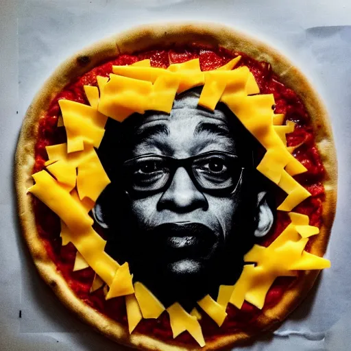 Prompt: a photo of a gus fring face made of cheese in a pizza, food photo, professional food photo, iphone, 4 k