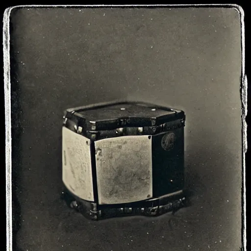 Prompt: 1 8 8 5 photo of a riveted companion!! cube!! from portal 2, heart shape, daguerrotype, high quality