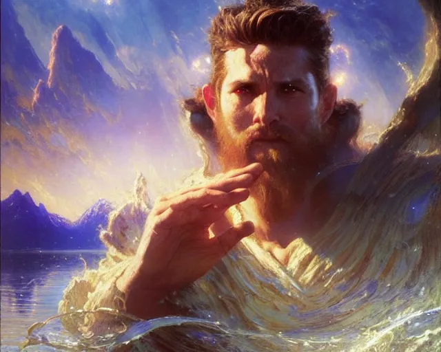 Image similar to attractive male wizard casting powerful giant tsunami spell in a beautiful lake. highly detailed painting by gaston bussiere, craig mullins, j. c. leyendecker 8 k