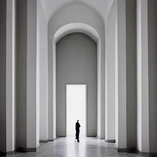 Image similar to Batman standing in giant Italian modern castle living room, clean minimalist design, that is 1300 feet tall, with very tall giant walls filled with modern art paintings, doors that are cosmic portals, photo by Annie Leibovitz