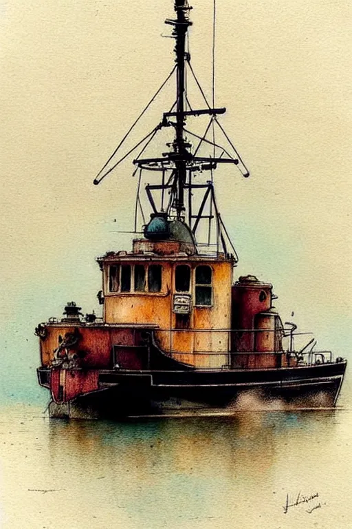 Prompt: (((((1950s tugboat . muted colors.))))) by Jean-Baptiste Monge !!!!!!!!!!!!!!!!!!!!!!!!!!!