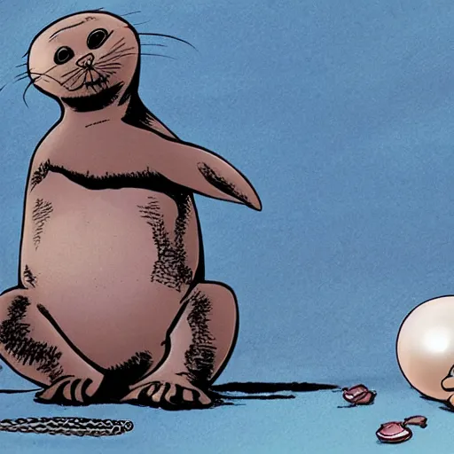 Prompt: baby seal crying next to a broken pearl necklace, wide angle, comic book by frank miller