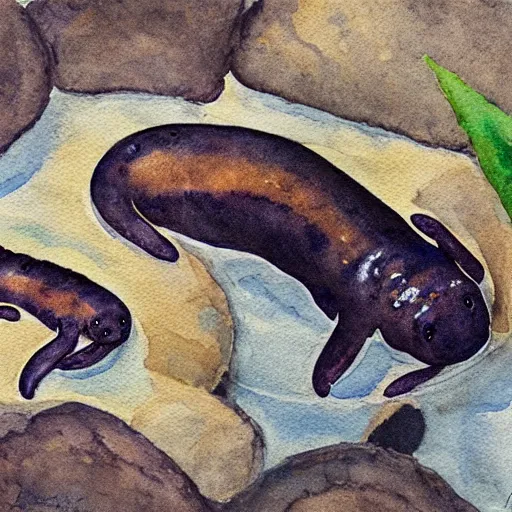 Prompt: “cave salamanders swarming over a baby seal, watercolor painting”