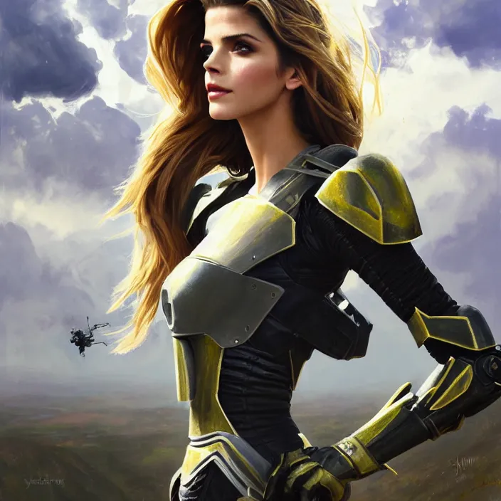 Prompt: portrait of a combination of Ashley Greene, Katheryn Winnick, Victoria Justice, Adriana Dxim, Grace Kelly and Emma Watson wearing Interceptor's armor from Anthem, countryside, calm, fantasy character portrait, dynamic pose, above view, sunny day, thunder clouds in the sky, artwork by Jeremy Lipkin and Giuseppe Dangelico Pino and Michael Garmash and Rob Rey and Greg Manchess and Huang Guangjian, very coherent asymmetrical artwork, sharp edges, perfect face, simple form, 100mm
