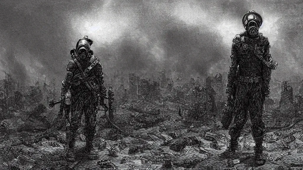 Image similar to Fallout, soldier with a gasmask, dark clouds, fire, burning, dark, eerie, night, dystopian, city, eldritch, illustration by Gustave Doré