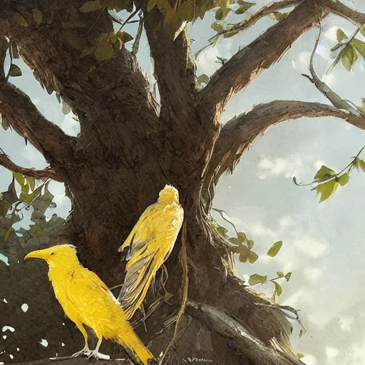 Prompt: a yellow crow on a tree with white leaves, detailed, by greg rutkowski