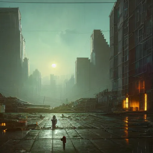 Image similar to A cyberpunk buildings with the sun shining through the clouds in utopia by Simon Stålenhag and Greg Rutkowski,In style of Grant Wood.hyper detailed,8K Resolution,unreal engine 5,Ray Tracing,highly realistic.trending on Artstation