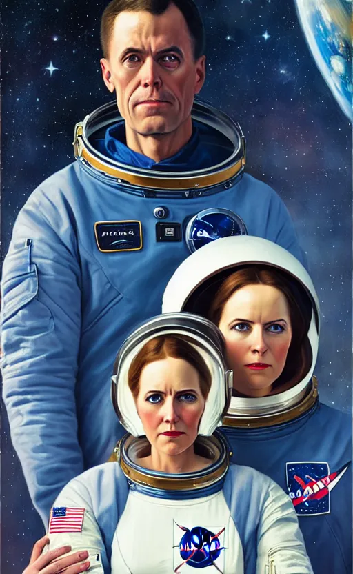 Image similar to super super super epic cinematic shot of an astronaut couple, American Gothic style, 8k scene, digital art, drawn by j.c. leyendecker, amazing quality